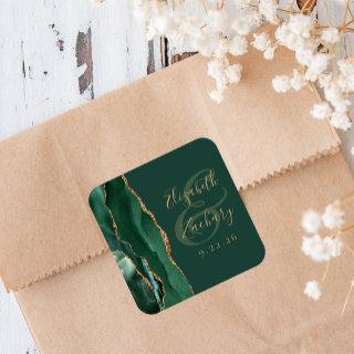 Agate Geode Script Emerald Green Gold Wedding Square Sticker