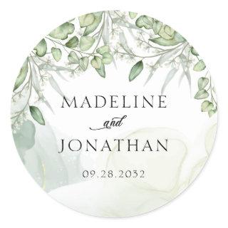 Agate Greenery Eucalyptus Sage Green Wash Wedding Classic Round Sticker