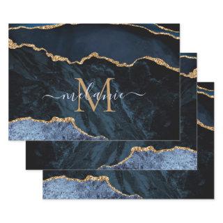 Agate Navy Blue Gold Marble Custom Name and Letter  Sheets