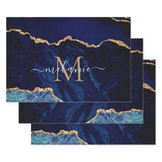 Agate Navy Blue Gold Marble Monogram Name  Sheets