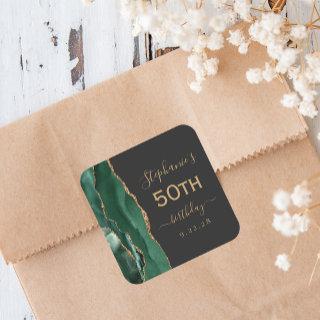 Agate Script Emerald Green Gold Dark 50th Birthday Square Sticker