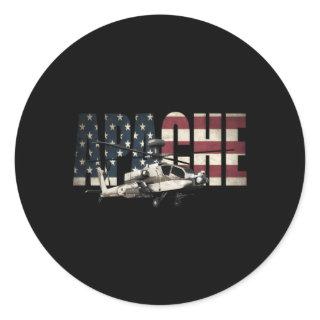 Ah-64 Ah64 Apache Helicopter Us American Flag Classic Round Sticker