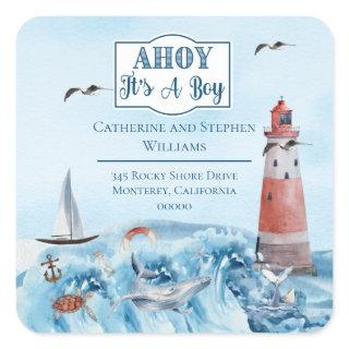 Ahoy Boy Lighthouse Baby Shower Return Address Square Sticker