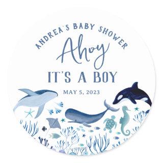 Ahoy It's a Boy Blue Under the Sea Baby Shower Classic Round Sticker