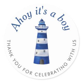 Ahoy Its A Boy Lighthouse | Nautical Baby Shower Classic Round Sticker