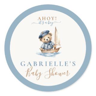 Ahoy it's a Boy! Minimalist Nautical Baby Shower  Classic Round Sticker
