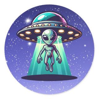 Ai Art with UFO Beaming up an Alien  Classic Round Sticker