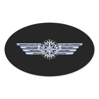 Air Pilot Chrome Like Wings Compass on Black Oval Sticker