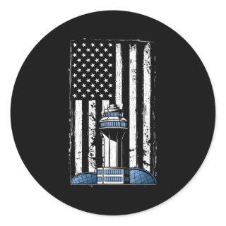 Air Traffic Controller Usa Flag Airplane Aviation Classic Round Sticker