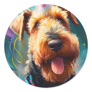Airedale dog with birthday hat and balloons classic round sticker