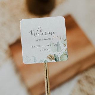 Airy Greenery and Gold Leaf Wedding Welcome Square Sticker