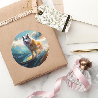 Alaskan Malamute Beach Surfing Painting  Classic Round Sticker