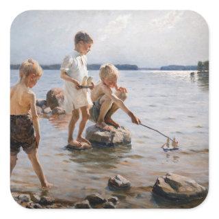 Albert Edelfelt - Boys Playing on the Shore Square Sticker