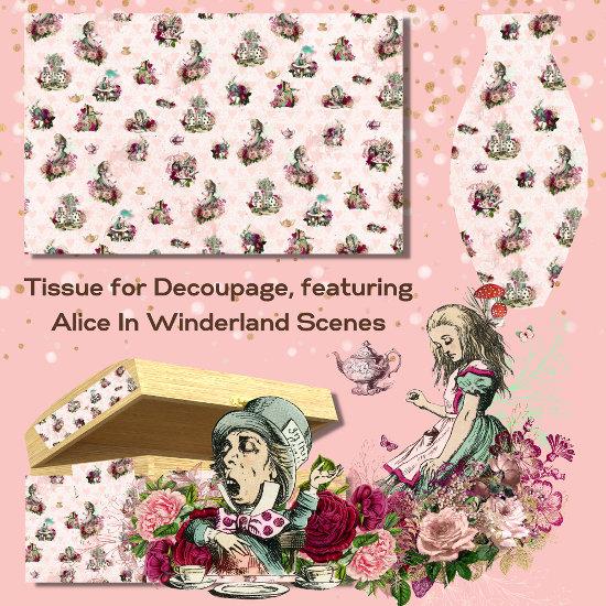 Alice in Wonderland Decoupage Vintage Pink Tissue Paper