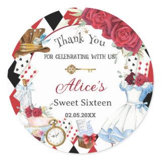 Alice in Wonderland Red Floral Birthday Tea Party  Classic Round Sticker