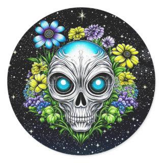Alien Extraterrestrial with Blue Eyes and Flowers Classic Round Sticker