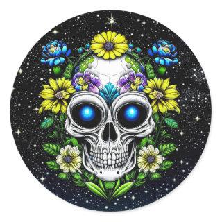 Alien Extraterrestrial with Blue Eyes and Flowers Classic Round Sticker