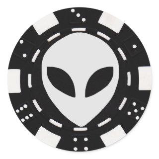 alien face poker chip black classic round sticker