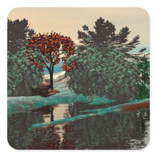 ALIEN LANDSCAPE,TREES,LAGOON HYPERION Sci Fi Square Sticker