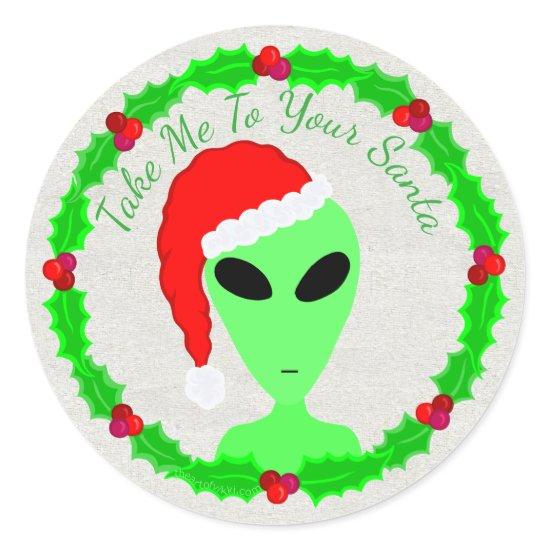 Alien Santa Holly Wreath Little Green Man Classic Round Sticker