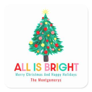 All Is Bright! Christmas Tree Hand Drawn Custom Square Sticker