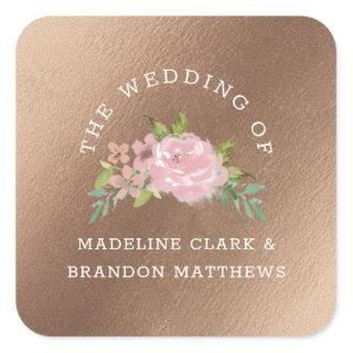 Alluring Rose Vintage Rose Gold Floral Wedding Square Sticker