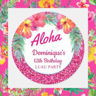 Aloha Luau Pink Glitter Tropical Hibiscus Classic Round Sticker