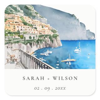 Amalfi Coast Italy Watercolor Landscape Wedding Square Sticker