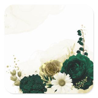 Amazing emerald green ivory gold flowers square sticker