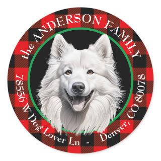 American Eskimo Dog Buffalo Plaid Return Address Classic Round Sticker