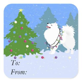 American Eskimo Dog Decorating Christmas Tree Square Sticker