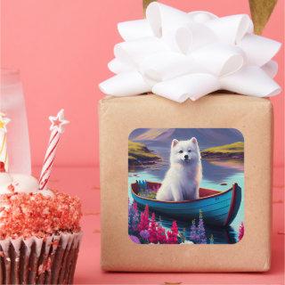 American Eskimo Dog on Paddle: A Scenic Adventure Square Sticker
