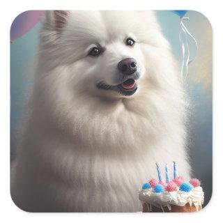American eskimo dog with balloons birthday square sticker