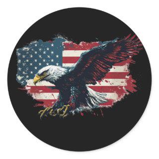 american-flag-is-accompanied-by-soaring-eagle-symb classic round sticker