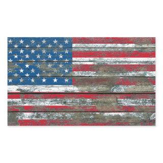 American Flag on Rough Wood Boards Effect Rectangular Sticker