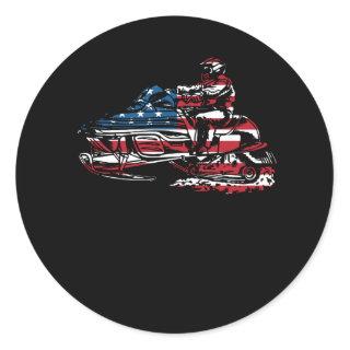 American Flag Snowmobile Winter Snowmobiling Indep Classic Round Sticker