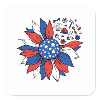 American Flag Sunflower Happy Labor Day Square Sticker