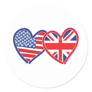 American Flag/Union Jack Flag Hearts Classic Round Sticker