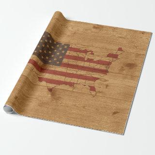 American Flag USA Shape Over Rustic Wood Patriotic