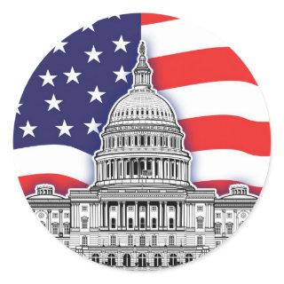 American Flag with The U.S. Capitol Building Classic Round Sticker