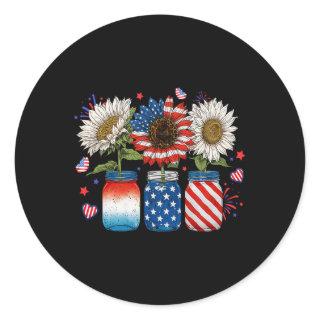 American Patriotic Usa Flag Jars With Sunflower 4t Classic Round Sticker
