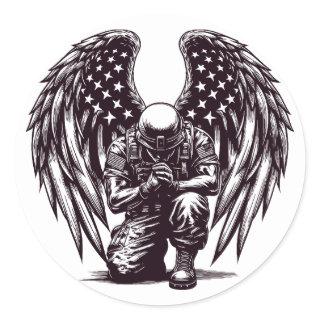 American Soldier Angel Praying USA Flag Art Classic Round Sticker