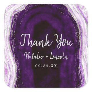 Amethyst Purple & Silver Geode Wedding Thank You Square Sticker