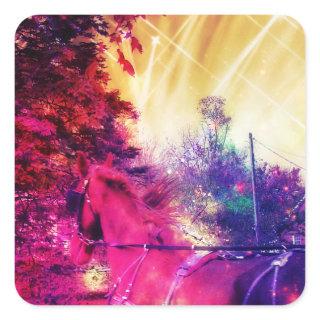 Amish Horse and Buggy Trippy Colorful Digital Art Square Sticker