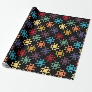 Amish Quilt Print Bright Colors on Black Patterned