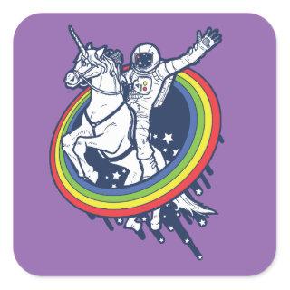 An astronaut riding a unicorn through a rainbow square sticker
