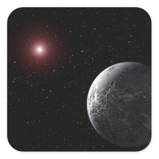 An icy/rocky planet orbiting a dim star square sticker