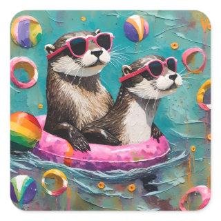An Otter Pair on Vacation in a Floating Ring Square Sticker