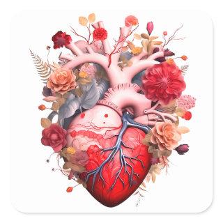 Anatomical heart with flowers  square sticker