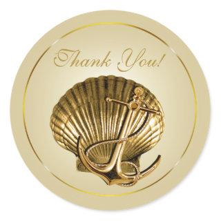 Anchored Seashell Nautical Thank You | ecru & gold Classic Round Sticker